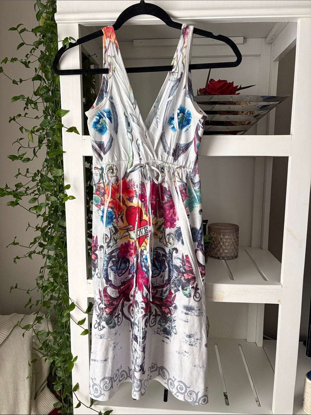 White Floral V-Neck Midi Dress with Multicolor Print